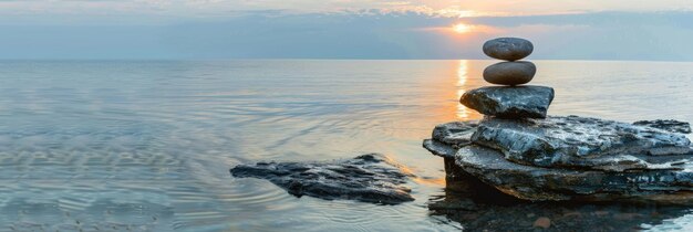 Balance von Stein im Ozean bei Sonnenaufgang mit Lichtstrahl (Равновесие на утро Баланс фон Штейн в океане при солнечном полете с лучом света)