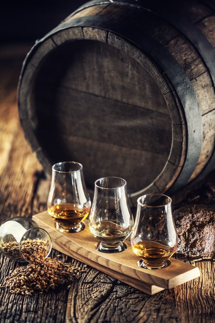 Foto glencairn-proeverij whiskybekers met houten vat, turf en gerst ernaast.
