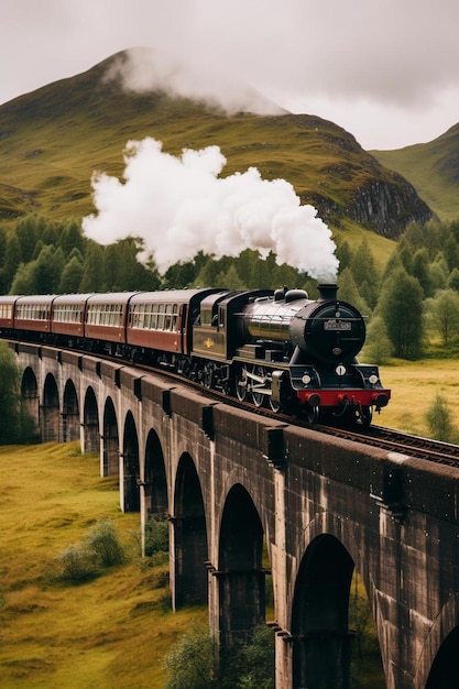 Glenfinnan railway viaduct in scotland with the jacobite steam train passing over