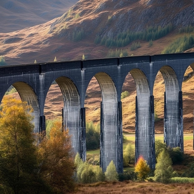 グレンフィナン高架橋の象徴的な鉄道橋とスコットランド高原の風景