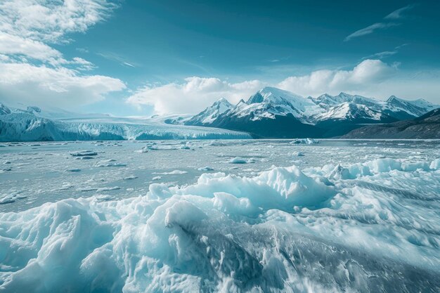 Gletsjers smelten vanwege de opwarming van de aarde. Het ijs scheurt en breekt uit elkaar en er zijn bergen op de achtergrond.