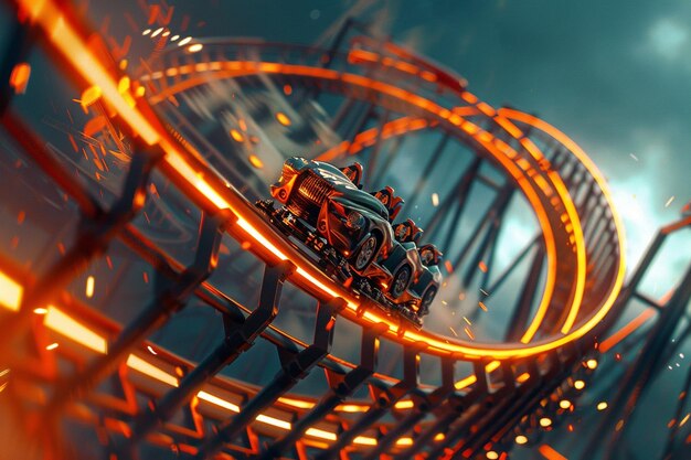 Photo glide alongside the roller coaster as it maneuvers generative ai