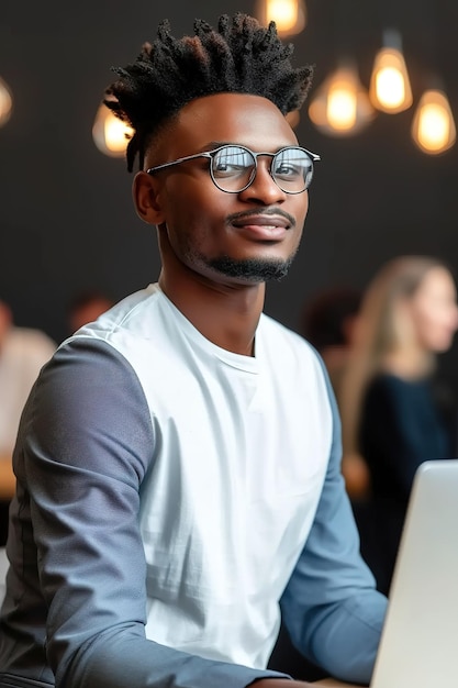 Glimlach jonge afro man met een bril in collega
