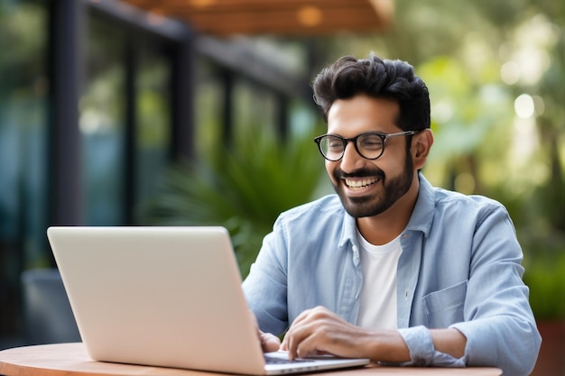 Glimlach mannelijke werknemer slimme mannen modern kantoor Indiase zakenman zit computer baan gelukkig een technologie laptop