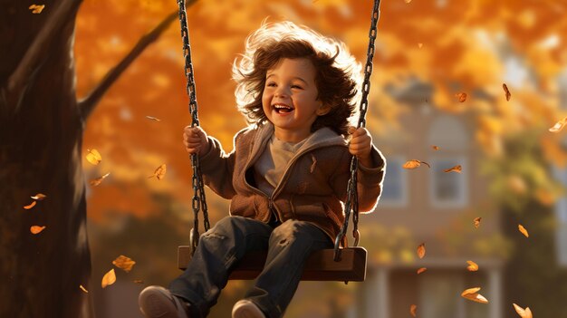 Glimlach schattige jongen spelen swing in de tuin herfst seizoen