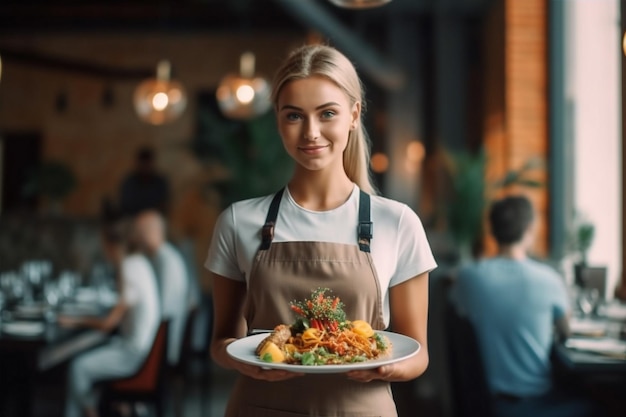 Glimlach vrouw staande ober die binnenshuis baan portret eten restaurant mensen generatieve AI