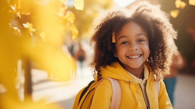 Glimlachend Afrikaans Amerikaans kindschoolmeisje met rugzak die naar school gaat