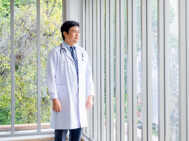 Glimlachend Aziatische man arts portret in witte jas staan alleen in de buurt van glazen ramen in medische kantoor met groene weergave Zelfverzekerde volwassen mannelijke arts of beoefenaar met stethoscoop naar buiten kijken