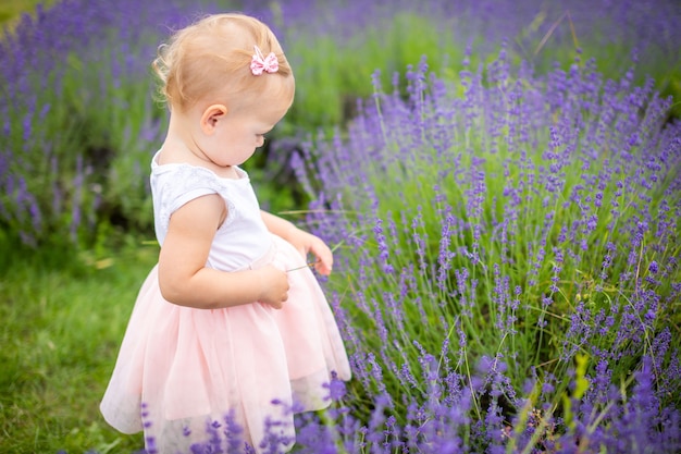 Glimlachend babymeisje in roze jurk in een lavendelveld tsjechische republiek