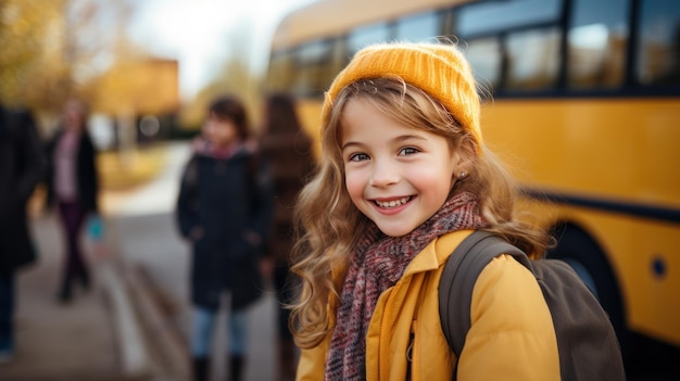 Glimlachend basisschoolmeisje glimlachend en klaar om in de schoolbus te stappen