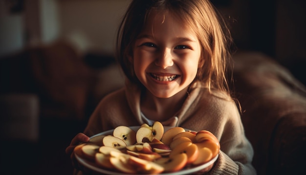 Glimlachend blank meisje genieten van gezonde fruitsnack binnenshuis gegenereerd door AI