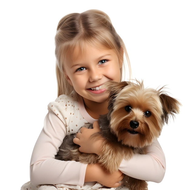 Glimlachend blond jong meisje met de terriërhond van Yorkshire die op witte achtergrond wordt geïsoleerd