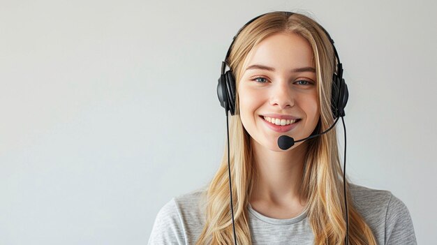 Glimlachend blond meisje met hoofdtelefoon en hoofdtelefoon op witte achtergrond