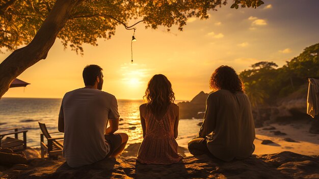 Glimlachend echtpaar geniet van een zonsondergang op een tropisch strand gegenereerd door AI