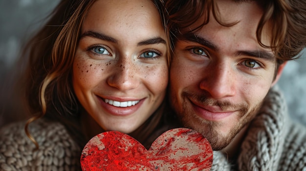 Glimlachend echtpaar houdt karmozijnrode harten op een grijze achtergrond