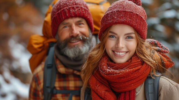 Glimlachend echtpaar wandelt in het besneeuwde bos tijdens de winter