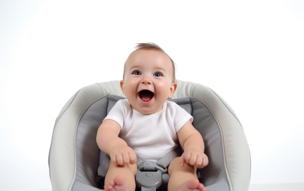 Glimlachend een gelukkige baby stuiteren in een witte baby uitsmijter close-up geïsoleerd op een witte achtergrond