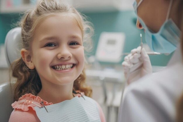 Glimlachend gelukkig klein kindje patiënt bezoekt vrouwelijke tandarts in een medische tandheelkundige kliniek