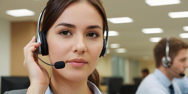 Glimlachend gezicht vrouwen Call center werknemer met een microfoon headset in het kantoor