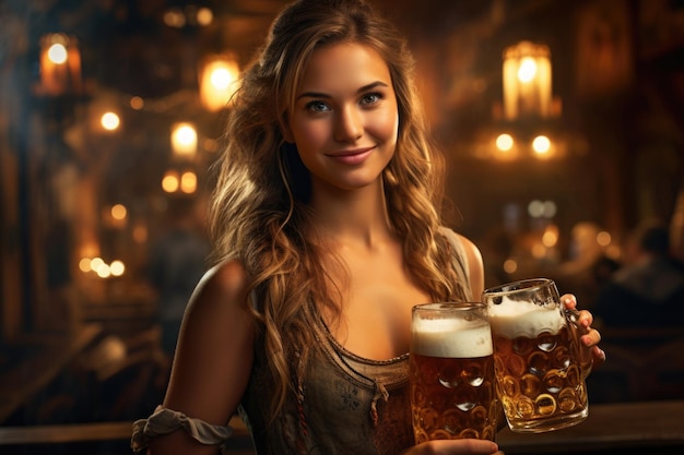 Glimlachend heel heet meisje gekleed in een korset met twee glazen bier in een bar in de stad Beieren