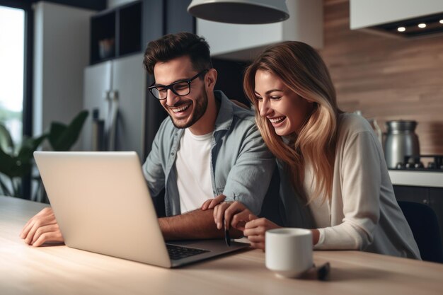 Glimlachend jong echtpaar met een laptop en koffie drinken in de keuken thuis