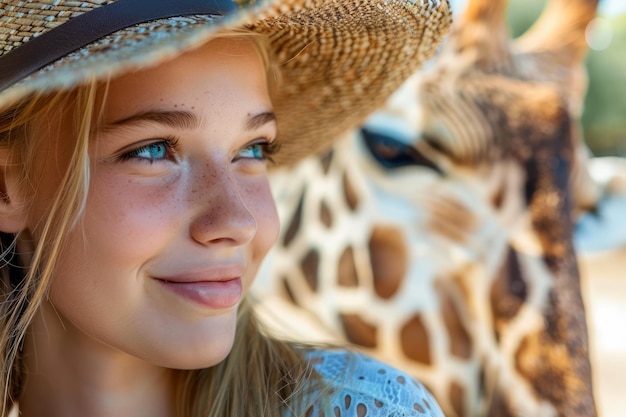 Glimlachend jong meisje met een strohoed die op een zonnige dag naar giraffen kijkt in een natuurpark of natuurreservaat