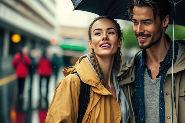 Glimlachend jong paar dat in de regendag loopt Generatieve AI illustratie