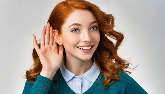 glimlachend jong wit roodharig meisje met hand op oor luistert geïsoleerd over witte achtergrond