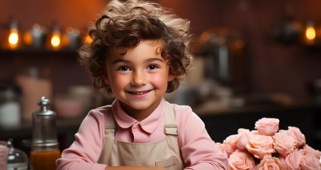 Glimlachend kind koken geluk in de keuken schattig en vrolijk gegenereerd door kunstmatige intelligentie