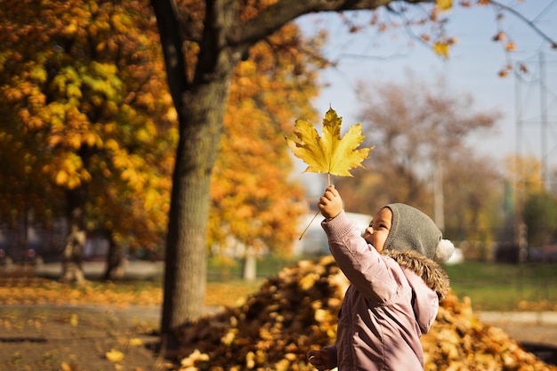 Glimlachend kind met bos van gele esdoornbladeren in de herfstpark