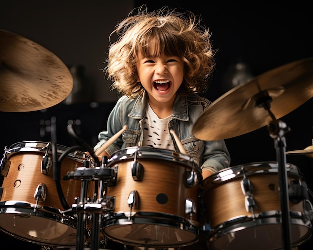 glimlachend kind met Drumstick in twee handen speelt drums in de woonkamer