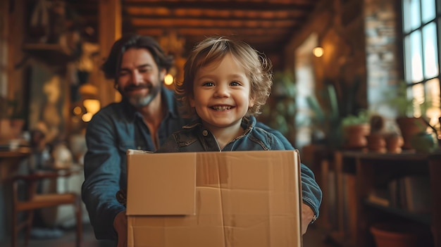 Glimlachend kind met kartonnen doos, gelukkige vader achter vreugdevolle familiemomenten AI