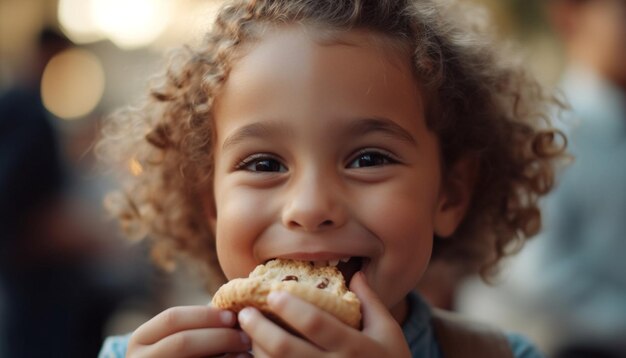 Glimlachend kind met koekje in de hand geniet van zoet eten en geluk gegenereerd door kunstmatige intelligentie