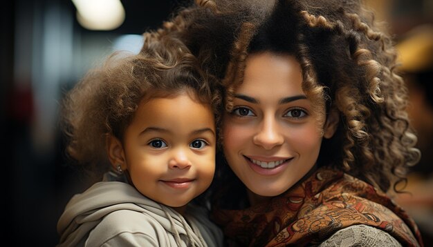 Glimlachend kind vrolijke moeder banden familie liefde geluk saamhorigheid gegenereerd door kunstmatige intelligentie