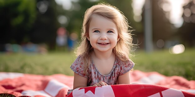 Glimlachend kind zit op het gras in het park met de vlag van Canada