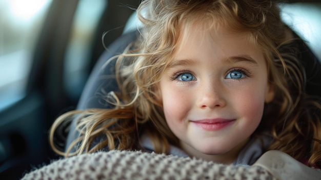 Glimlachend klein meisje met blauwe ogen in auto stoel
