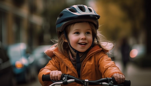 Glimlachend meisje geniet van een fietsavontuur in de buitenlucht, gelukkig gegenereerd door AI