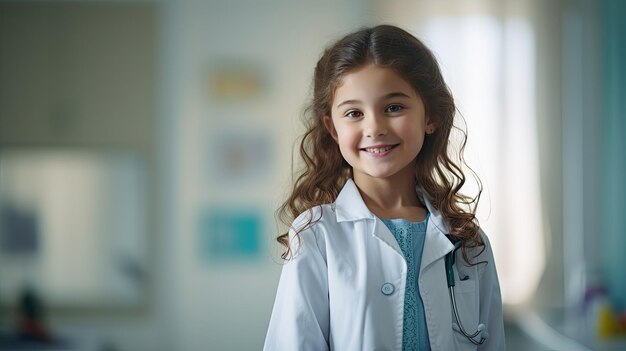 Glimlachend meisje in doctor39's uniform in de ziekenhuiskamer.