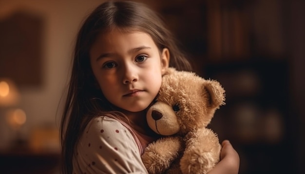 Glimlachend meisje omarmt een teddybeer in een comfortabele slaapkamer's nachts gegenereerd door AI