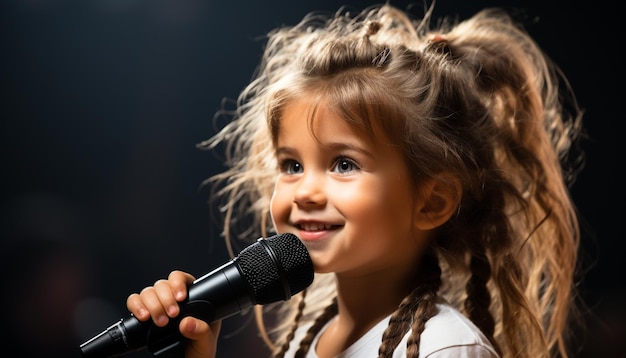 Foto glimlachend meisje schattige muzikant vrolijke artiest zingen spelen vreugdevolle artiest gegenereerd door kunstmatige intelligentie