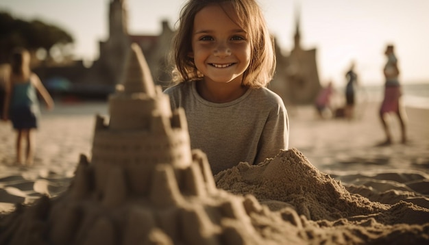 Glimlachend meisje spelen in zandkasteel bij zonsondergang gegenereerd door AI