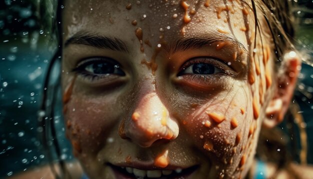 Glimlachend meisje spetteren in natte zomerpret gegenereerd door AI