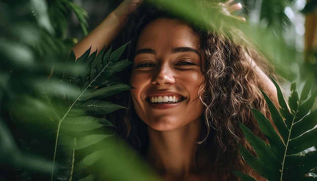 Glimlachend model straalt positiviteit uit terwijl hij poseert met een weelderige groene plant