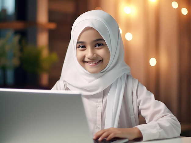 Glimlachend moslimmeisje studeert voor een laptop online schoolconcept studeert thuis