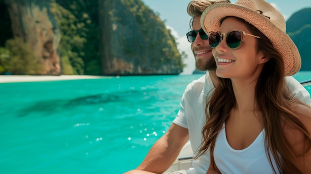 Glimlachend ontspannen koppel in casual kleding zeilt op een boot over kristalheldere turquoise wateren