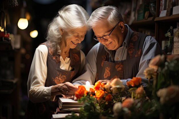 Glimlachend oudere echtpaar dat samen boeken leest