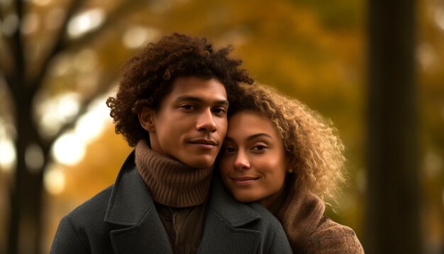 Foto glimlachend paar in de herfstnatuur die liefde omarmt gegenereerd door kunstmatige intelligentie