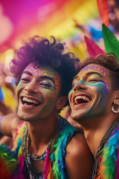 Glimlachend paar vieren op LGBTQ Gay Pride Parade in Sao Paulo Pride Month in Brazilië