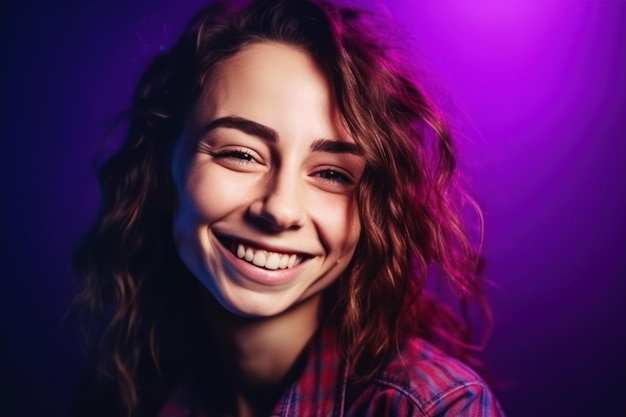 Glimlachend portret van vrouwelijke mannequin in katoenen shirt geïsoleerd op paarse achtergrond in neonlicht concept van schoonheid kunst mode jeugdverkoop en advertenties mooie vrouw lachen