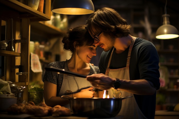 Glimlachend romantisch stel bereidt samen een heerlijke maaltijd voor in hun gezellige keuken.